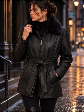 Timothy Daniels Genuine Leather Jacket L Black Belted Detachable Fur Collar Coat